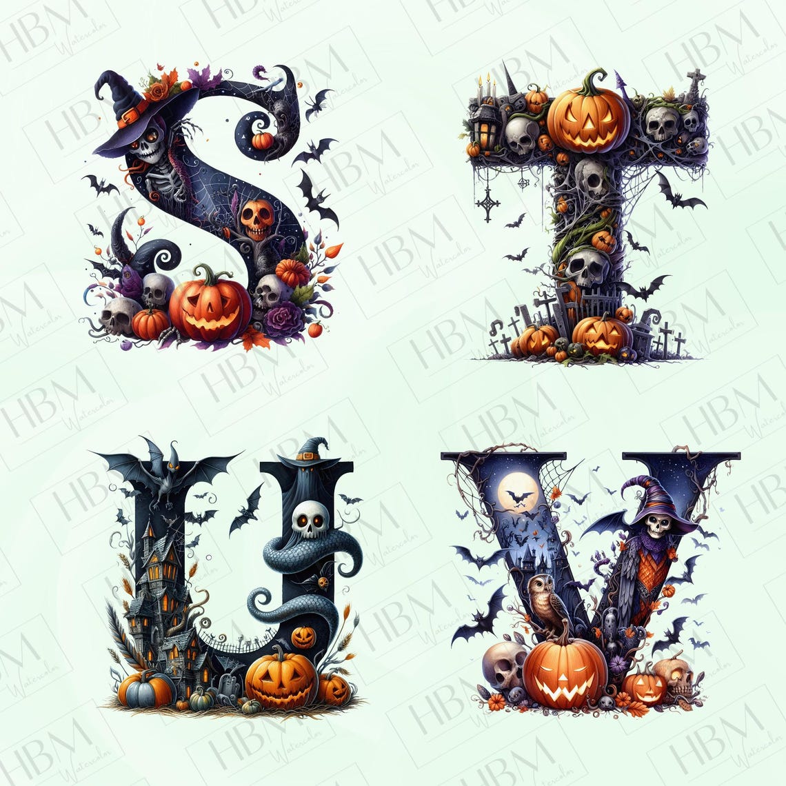 Watercolor Halloween Letters Clipart Bundle, Whimsical Gothic Graphics ...