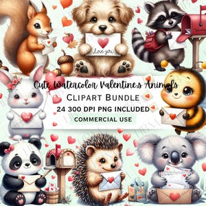 Lindo paquete de imágenes prediseñadas de animales de San Valentín en acuarela, adorables ilustraciones para sublimación, corazones de amor caprichosos PNG, uso comercial