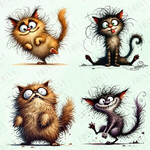 May include: Four cartoon cats with messy fur and exaggerated features. The cats are in different poses, including standing, sitting, and walking. The background is a light blue color.