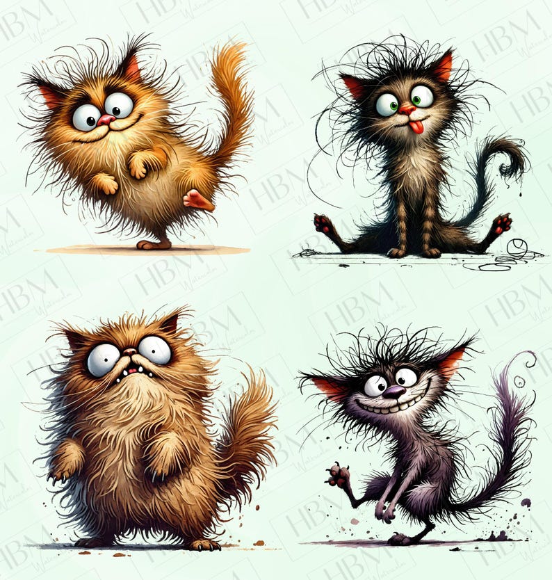 May include: Four cartoon cats with messy fur and exaggerated features. The cats are in different poses, including standing, sitting, and walking. The background is a light blue color.