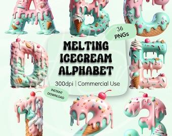 Melting Ice Cream Alphabet Clipart Bundle, Drippy Dessert Letters Graphic, Sweet Sprinkle ABC, Digital Download