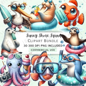 Zomer strand dieren clipartbundel, grappige oceaanzeedieren png, aquarel tropische kustafbeelding, transparant beeld, commercieel gebruik