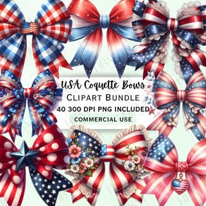 Aquarel USA Coquette Bow clipartbundel, 4 juli patriottische strikken PNG, Amerikaanse vlag illustraties, rood wit blauw graphics, commercieel gebruik