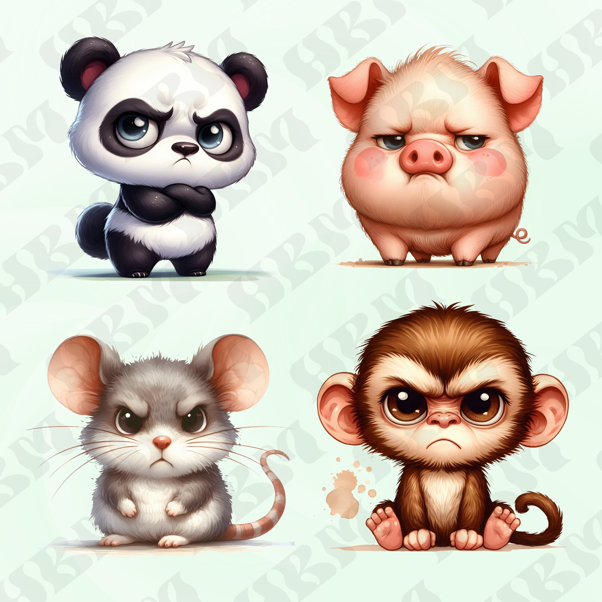Cute Watercolor Grumpy Animals Clipart Bundle, Funny Nursery Decor ...