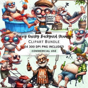Lustiges schrulliges Hinterhof-Opa-Clipart-Bundle, Aquarell alter Mann Aufkleber, wunderliche sarkastische Senioren PNG für Einladungen, kommerzielle Nutzung