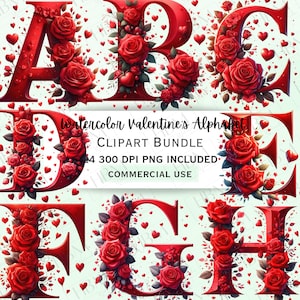 Pacchetto di clipart di lettere di San Valentino ad acquerello, grafica d'amore stravagante, adorabile alfabeto monogramma festivo PNG per decorazione, uso commerciale