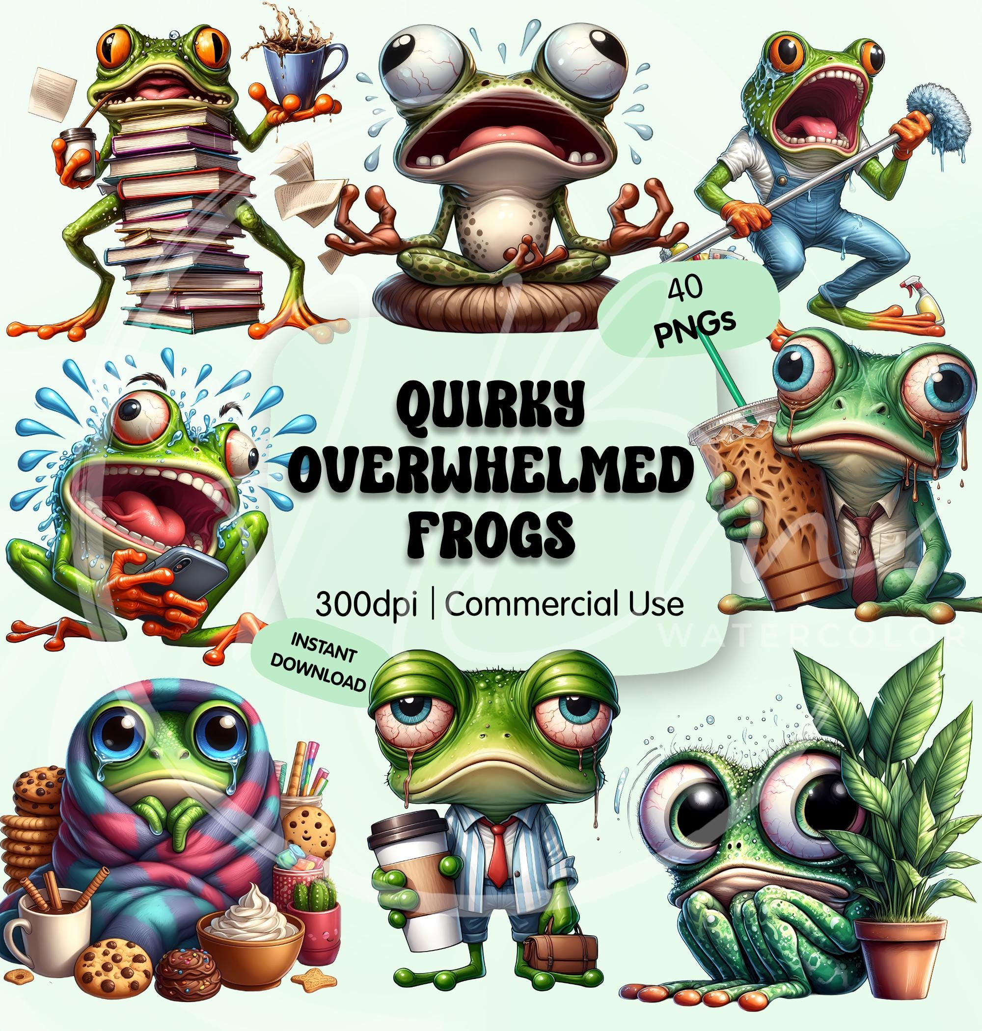 Quirky Overwhelmed Frogs PNG Clipart Bundle, Funny Anxious Repile Humor ...