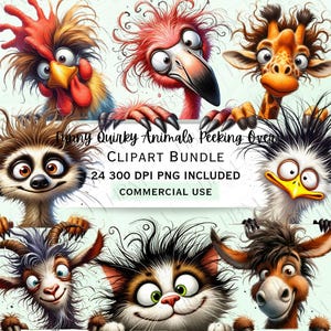 Bundle de cliparts drôles d'animaux insolites, autocollant fantaisiste humoristique, personnages idiots PNG pour faire-parts, usage Commercial