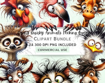 Op de afbeelding: Een digitale clipartbundel met 24 eigenzinnige dieren die over een bordje kijken waarop staat "Funny Quirky Animals Peeking Over, Clipart Bundle, 24 300 DPI PNG Included, Commercial Use". De dieren omvatten een haan, een flamingo, een giraffe, een luiaard, een kip, een kat, een geit, een ezel en meer. De dieren zijn allemaal cartoonachtig en hebben overdreven kenmerken.