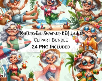 Funny Watercolor Summer Old Ladies Clipart Bundle, Grandma Sticker, Adorable Beach Decorations, Whimsical PNG for invitations, Greeting card