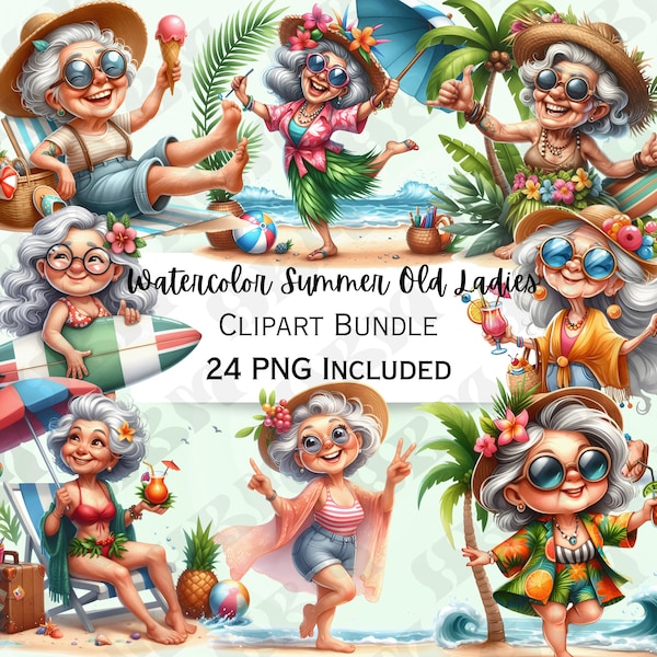 Funny Watercolor Summer Old Ladies Clipart Bundle, Grandma Sticker, Adorable Beach Decorations, Whimsical PNG for invitations, Greeting card