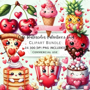Niedliches Aquarell Valentinstag Essen Clipart Paket, Romantische Kawaii Grafik, entzückende, wunderliche Kulinarische Freude PNG, Kommerzielle Nutzung