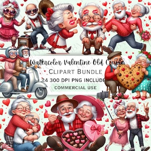 Pacote de clipart engraçado de casal de idosos em aquarela, adesivo caprichoso para avós, corações de amor adoráveis PNG para decoração, uso comercial