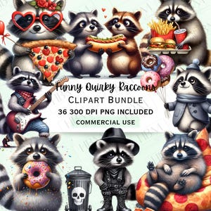 Bundle de cliparts raton laveur drôle PNG, graphismes animaux mignons originaux, restauration rapide pizza beignets, art numérique transparent aquarelle, usage Commercial