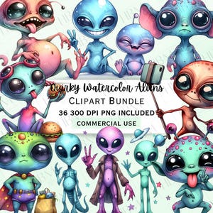 Bundle de cliparts original de dessin animé extraterrestre aquarelle, créatures rigolotes de l'espace, personnages PNG de science-fiction mignons, fond Transparent, usage Commercial