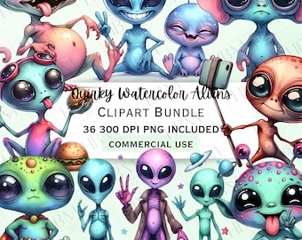 Paquete de imágenes prediseñadas de extraterrestres en acuarela, divertidas criaturas espaciales, adorables personajes PNG de ciencia ficción, fondo transparente, uso comercial