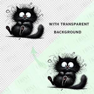 May include: A black cartoon cat with a messy, fluffy coat and big, round eyes. The cat is sitting on its hind legs with its paws crossed in front of it. The cat has a mischievous expression on its face.