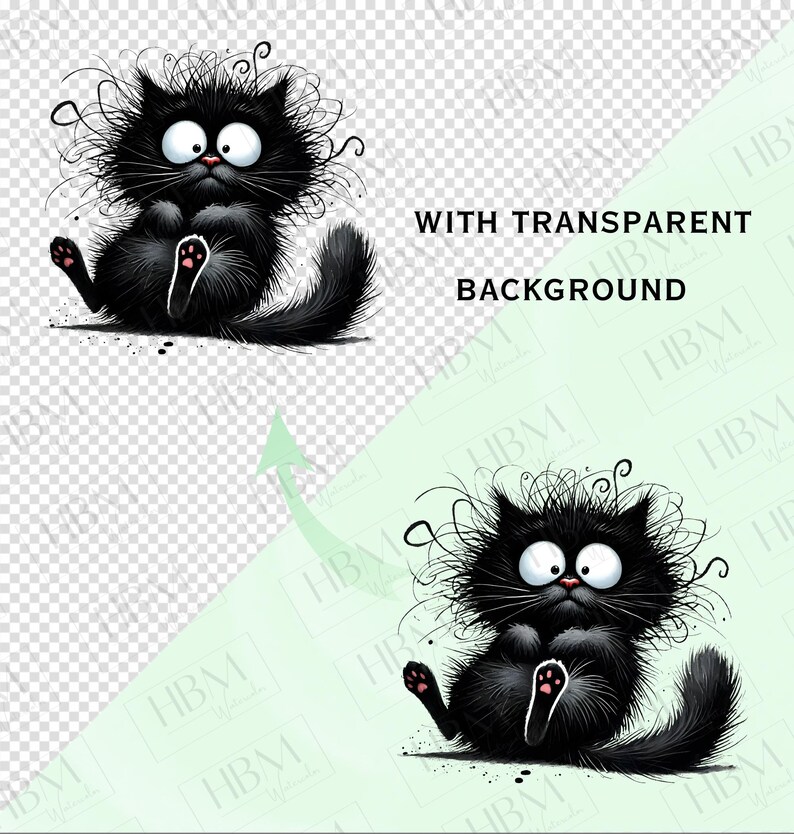 May include: A black cartoon cat with a messy, fluffy coat and big, round eyes. The cat is sitting on its hind legs with its paws crossed in front of it. The cat has a mischievous expression on its face.