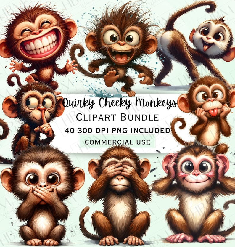 May include: A collection of cartoon monkeys in various poses, with expressive faces and brown fur. The image includes text that reads "Quirky Cheeky Monkeys CLIPART BUNDLE 40 300 DPI PNG INCLUDED COMMERCIAL USE."