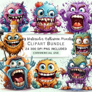 Lustige Aquarell Halloween Monster Clipart Bundle, skurrile niedliche Grafiken, entzückende gruselige Kreaturen PNG für Dekorationen, kommerzielle Nutzung