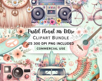 Pastel Floral 70s Retro Clipart Bundle, Watercolor Groovy Graphic, Vintage Boho Hippie PNG, Transparent Image, Commercial Use