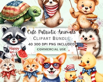 Cute 4th of July Animals Clipart Bundle, Watercolor Patriotic PNG Graphics, Adorable USA Pets, Transparent Design, Commercial Use