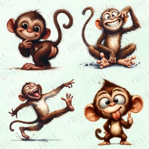 May include: Four cartoon monkeys in various poses. One monkey is smiling and holding its hand to its chest. Another is making a face and pulling at its cheek. A third is laughing and running. The last monkey is sticking out its tongue and giving a thumbs up.