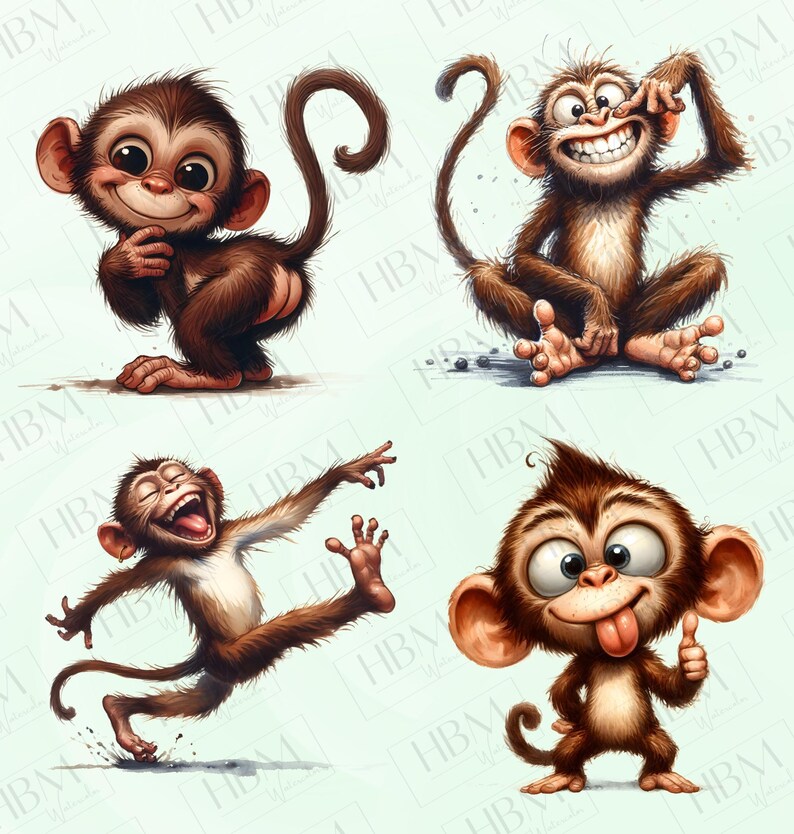 May include: Four cartoon monkeys in various poses. One monkey is smiling and holding its hand to its chest. Another is making a face and pulling at its cheek. A third is laughing and running. The last monkey is sticking out its tongue and giving a thumbs up.
