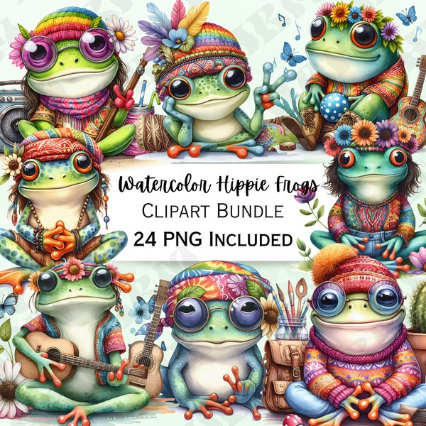 Cute Watercolor Hippie Frogs Clipart Bundle, Amphibian Nursery Decor, Tadpole Baby Wall Art, Reptile Stickers,  24 PNG Illustrations