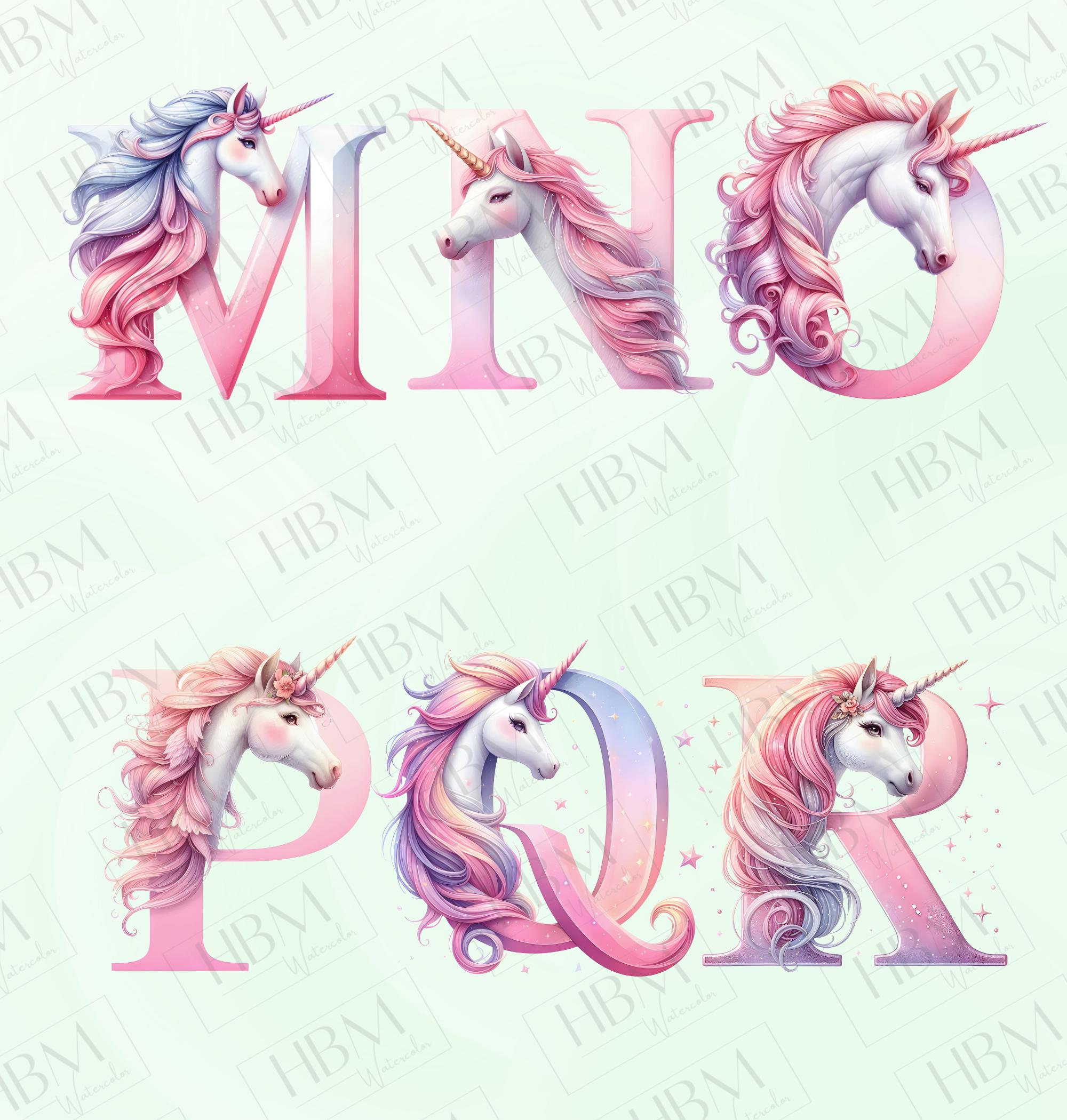 Watercolor Unicorn Alphabet Clipart Bundle, Whimsical Number Graphics ...