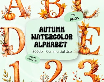 May include: Watercolor alphabet and numbers in autumn colors. The letters A, B, C, D, and E, along with the numbers 1, 2, and 3, are decorated with pumpkins, leaves, and berries. The image includes the text "Autumn Watercolor Alphabet" and "36 PNGs".