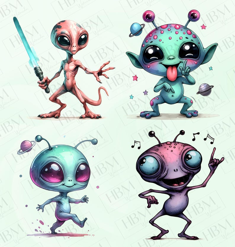 Quirky Watercolor Alien Cartoon Clipart Bundle, Funny Space Creatures ...