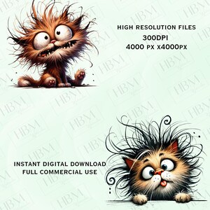 May include: Two digital illustrations of cartoon cats with crazy hair. The first cat is orange and brown with a wide-eyed expression. The second cat is brown and white with a surprised expression and its tongue sticking out.