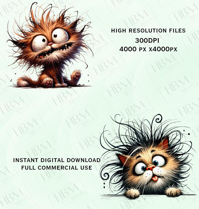 May include: Two digital illustrations of cartoon cats with crazy hair. The first cat is orange and brown with a wide-eyed expression. The second cat is brown and white with a surprised expression and its tongue sticking out.
