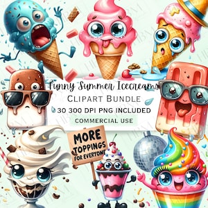 May include: A set of 30 cartoon ice cream illustrations in PNG format. The ice creams are in various shapes and colours, including a blue ice cream cone with a surprised expression, a pink ice cream cone with a happy expression, a brown popsicle with sunglasses, a yellow ice cream cone with a sad expression, a red popsicle with a happy expression, a brown ice cream sundae with a happy expression, and a rainbow ice cream cup with a happy expression. The illustrations are perfect for adding a fun and whimsical touch to any project.