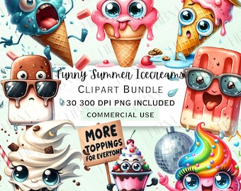 May include: A set of 30 cartoon ice cream illustrations in PNG format. The ice creams are in various shapes and colors, including a blue ice cream cone with a surprised expression, a pink ice cream cone with a happy expression, a brown popsicle with sunglasses, a yellow ice cream cone with a sad expression, a red popsicle with a happy expression, a brown ice cream sundae with a happy expression, and a rainbow ice cream cup with a happy expression. The illustrations are perfect for adding a fun and whimsical touch to any project.