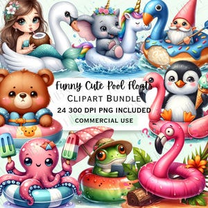 Pacote de clipart de bóias de piscina fofas e engraçadas, gráficos fofos de animais, bóias de verão kawaii PNG, arte transparente em aquarela, uso comercial