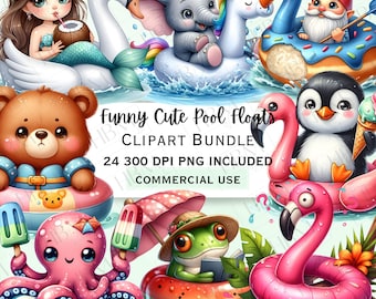 Lustige niedliche Pool Floaten Clipart-Bundle, süße Tiergrafik, Kawaii Sommer Floaties PNG, Aquarell transparente Kunst, kommerzielle Nutzung