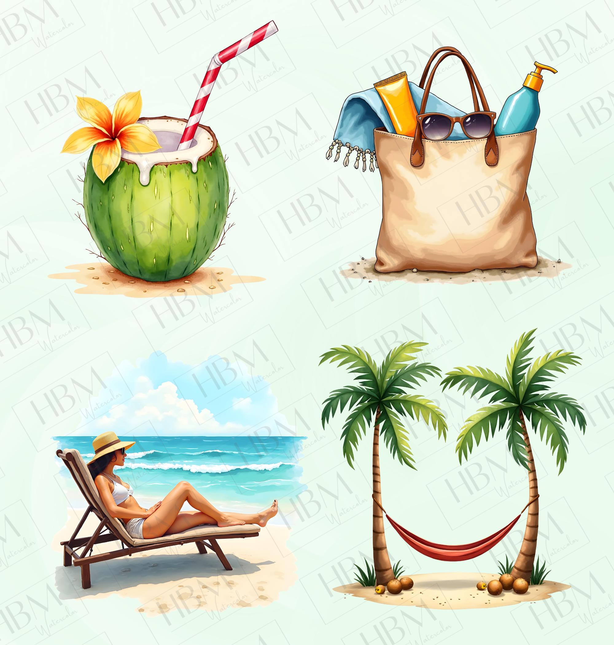 Watercolor Summer Beach Clipart Bundle, Tropical Vacation PNG, Coastal ...