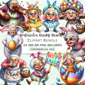 Può includere: Un set di 24 immagini clipart digitali che presentano illustrazioni ad acquerello stravaganti di nonne in vari costumi e pose a tema pasquale. Le illustrazioni includono nonne con orecchie di coniglio, che tengono uova di Pasqua e che tengono un cartello che dice "Buona Pasqua!"