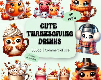 Cute Thanksgiving Drink Clipart, Fall Hot Cocoa, Pumpkin Latte PNG, Kawaii Autumn Beverages, Holiday Mug Sublimation Graphic, Commercial Use