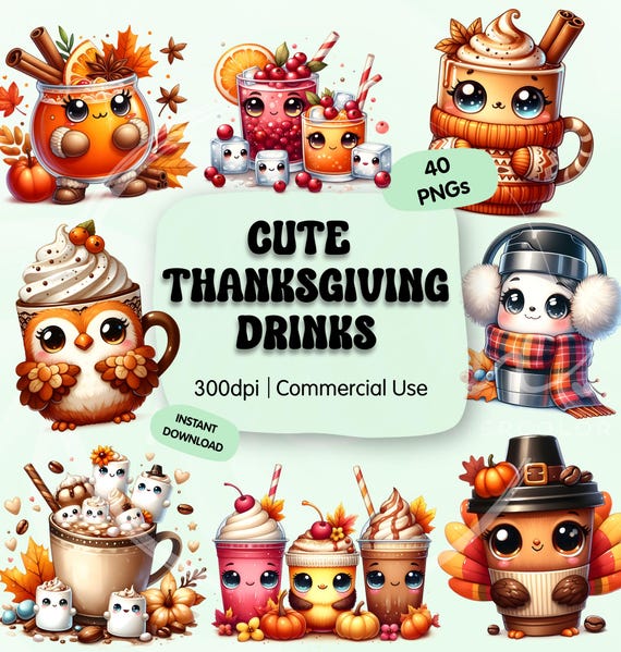 Cute Thanksgiving Drink Clipart, Fall Hot Cocoa, Pumpkin Latte PNG, Kawaii Autumn Beverages, Holiday Mug Sublimation Graphic, Commercial Use