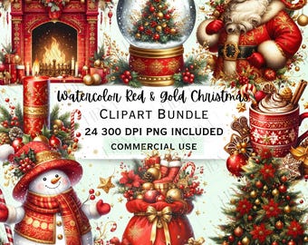 Watercolor Red & Gold Christmas Clipart Bundle, Luxury Snowman Graphic, Winter Xmas Santa Claus, Elegant Glitter PNG, Commercial Use