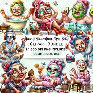 Bundle de cliparts aquarelle drôle de grand-mère Spa, autocollant comique vieille dame, adorable décoration nanna, lunatique soins personnels PNG, usage Commercial