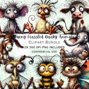 Bundle de cliparts animaux insolites énervés, autocollant créatures stressées, PNG Transparent lunatique fou, téléchargement numérique, usage Commercial