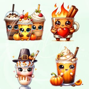 May include: An illustration of four cartoon beverages with cute faces. The drinks include a bubble tea, a coffee drink with whipped cream and berries, a hot drink with cinnamon sticks and flames, and a pumpkin spice latte. Pumpkins and hearts are also featured.
