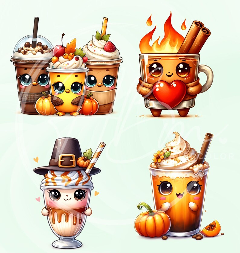 May include: An illustration of four cartoon beverages with cute faces. The drinks include a bubble tea, a coffee drink with whipped cream and berries, a hot drink with cinnamon sticks and flames, and a pumpkin spice latte. Pumpkins and hearts are also featured.