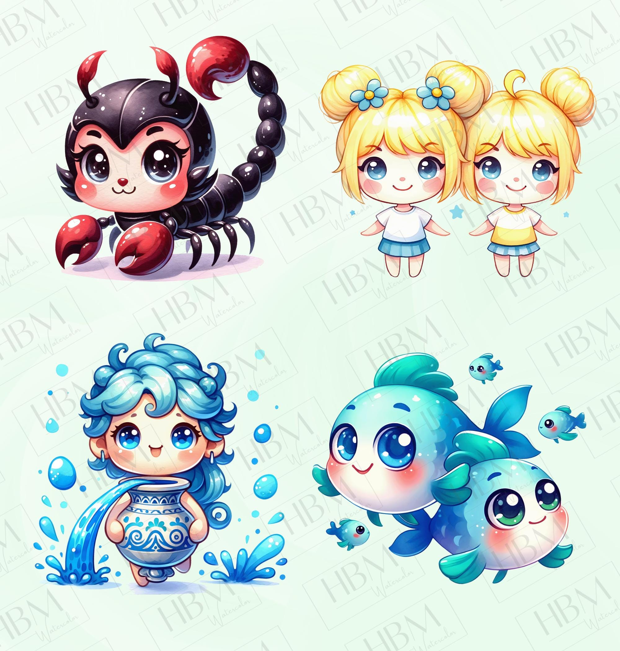 Cute Watercolor Zodiac Signs Clipart Bundle, Horoscope Graphics ...