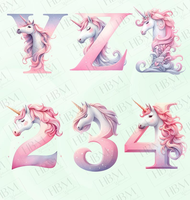 Watercolor Unicorn Alphabet Clipart Bundle, Whimsical Number Graphics ...