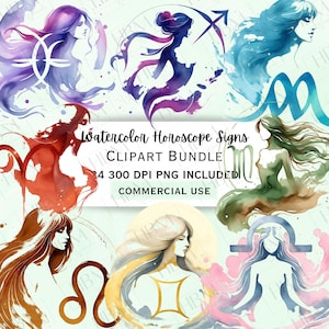 Aquarell Horoskop Zeichen Clipart Bundle, Sternzeichen Grafiken, Astrologie Zeichen PNG, himmlische Symbole, kommerzielle Nutzung